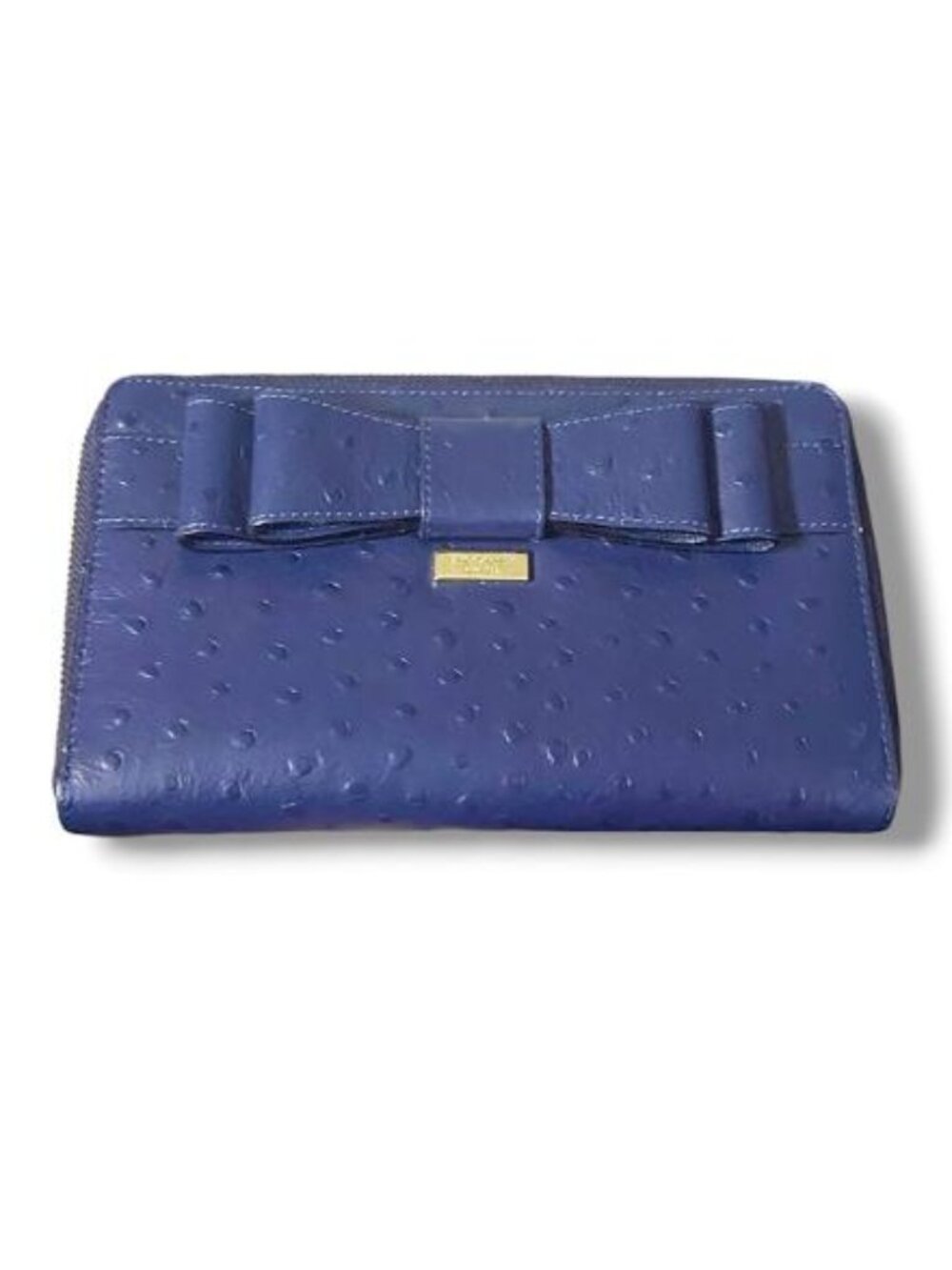 Kate Spade Blue Embossed Leather Wallet Organizer, Ostrich W/ Bow Zip around